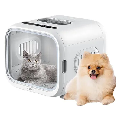 PETKIT pet carrier with a grey cat inside and a Pomeranian in front. White design with ventilation slots and transparent window.