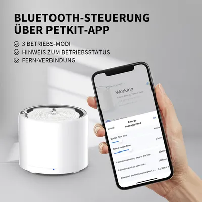 Bluetooth-Steuerung über Petkit-App mit 3 Betriebsmodi, Hinweis zum Betriebsstatus und Fern-Verbindung. Smartphone zeigt Energieverwaltung und Einstellungen für Wasserflusszeit.