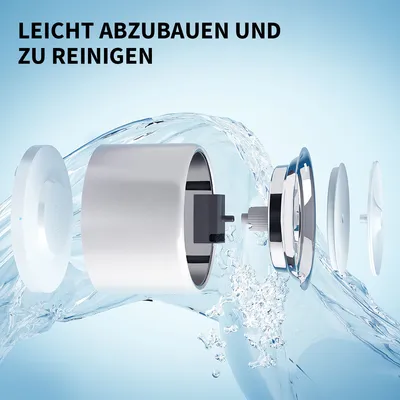 Explosionsdarstellung eines Produkts mit dem Hinweis 'Leicht abzubauen und zu reinigen'. Einzelteile sind sichtbar, um die einfache Reinigung zu demonstrieren.