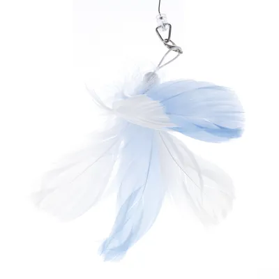 Toy pendant with white and blue feathers, attached to a metal carabiner.