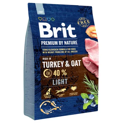 Brit Premium by Nature Light, indyk i owies, 40%, dla psów z problemami z wagą. Bez GMO, bez soi, wspiera kontrolę wagi, stawy i funkcje serca.