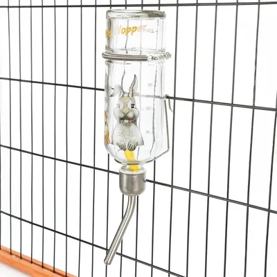Glass drinking bottle with metal spout and holder, measuring scale up to 500 ml, rabbit design. Attached to a wire cage.