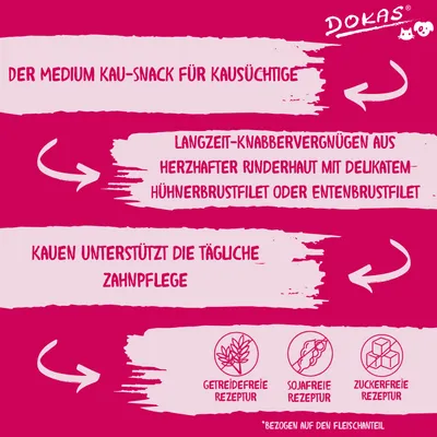 Dokas Medium Kau-Snack: Rinderhaut mit Hühner- oder Entenbrustfilet, unterstützt Zahnpflege. Getreidefreie, sojafreie und zuckerfreie Rezeptur bezogen auf den Fleischanteil.