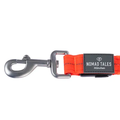 Nomad Tales München Hundeleine mit orangefarbenem Band und silbernem Metallkarabiner.