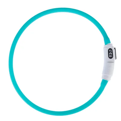 Türkises LED-Halsband mit weissem Verschluss und Tiaki-Logo, geeignet für bessere Sichtbarkeit im Dunkeln.