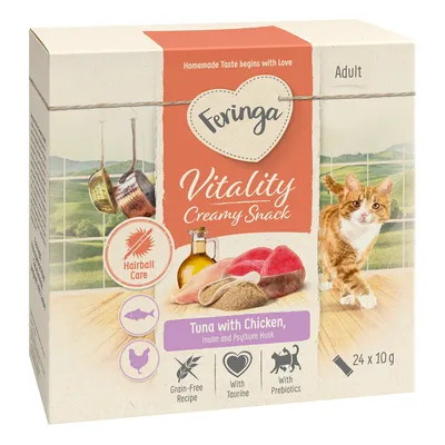 Feringa Vitality krémes snack felnőtteknek, tonhal és csirke ízben, inulinnal és útifűmaghéjjal. Gabonamentes, taurinnal, prebiotikummal és szőrlabda ápolással. Csomag: 24 x 10g.