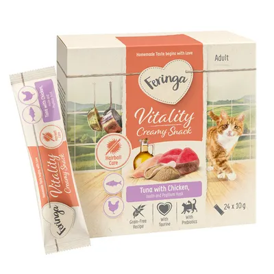 Feringa Vitality Creamy Snack, Thunfisch mit Huhn, Inulin und Flohsamenschalen. Rezept ohne Getreide, mit Taurin und Präbiotika. Haarballenpflege. Packung für Erwachsene, 24 x 10g.