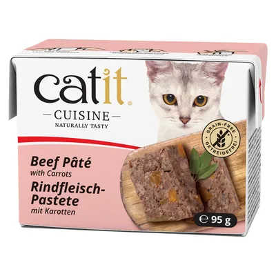 Catit Cuisine Rindfleisch-Pastete mit Karotten, getreidefrei, 95 g. Verpackung zeigt Produktbild und Katze.