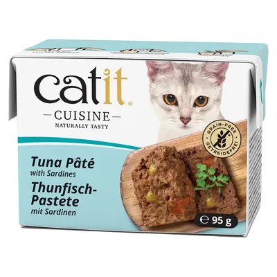 Catit Cuisine Thunfisch-Pastete mit Sardinen, getreidefrei, 95 g. Verpackung zeigt Produkt und Katze.