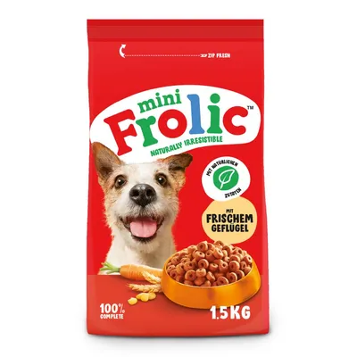 Mini Frolic храна за кучета, 1,5 кг опаковка, с прясно птиче месо и натурални съставки, 100% пълноценна.