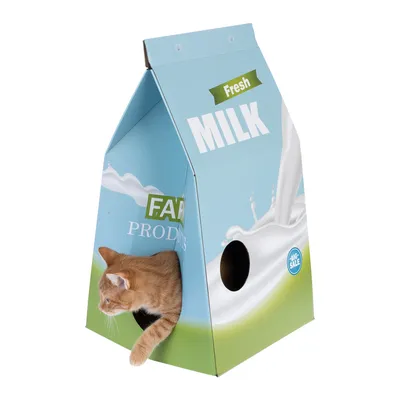 Kartonový domek v designu mléčné krabice s nápisem 'Fresh Milk', kočka kouká z otvoru. Text: 'Farm Products' a 'Big Sale'.