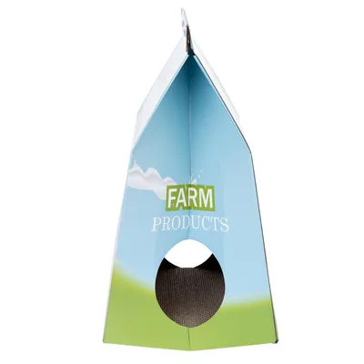 Modro-zelený obal s nápisem 'Farm Products' a kulatým výřezem ve spodní části.