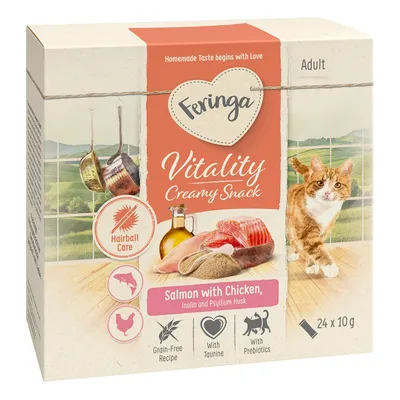 Feringa Vitality krémes snack felnőtt macskáknak. Íz: lazac csirkével, inulinnal és útifűmaghéjjal. Tulajdonságok: szőrlabda ápolás, gabonamentes, taurinnal és prebiotikummal. Csomag: 24 x 10g.