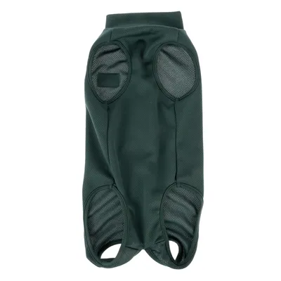 Grünes Hundekleid aus atmungsaktivem Mesh-Stoff mit Öffnungen für Beine und Kopf.