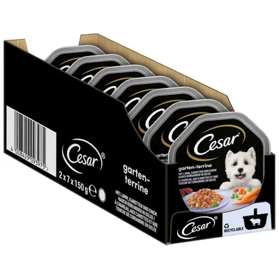 Cesar zahradní terina, s jehněčím, mrkví a nádechem koriandru v želé, 2x7x150 g, recyklovatelné. Viditelné balení s několika miskami. Cesar zahradní terina, s jehněčím, mrkví a nádechem koriandru v želé, 2x7x150 g, recyklovatelné. Viditelné balení s několika miskami.