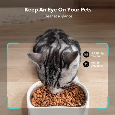 Kamera s HD 1080p rozlíšením a detekciou pohybu na sledovanie domácich zvierat. Mačka žerie z misky, text: „Keep an eye on your pets, clear at a glance“.