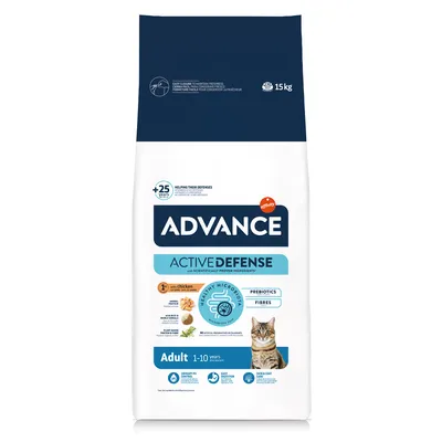Advance Active Defense krmivo pro dospělé kočky 1–10 let, s kuřecím masem, prebiotiky a vlákninou, balení 15 kg.
