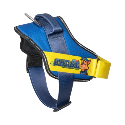 Blue dog harness with yellow strap and 'Chase' print from the Paw Patrol collection. Metal ring for lead and adjustable straps visible.