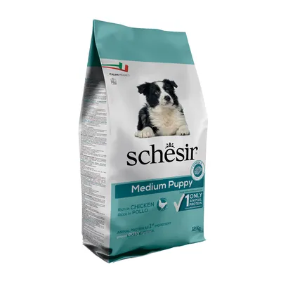 Schesir Medium Puppy, rijk aan kip, 12kg. Dierlijk eiwit als eerste ingrediënt, licht verteerbaar. Italiaans product met omega-3 en -6.
