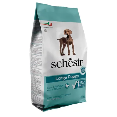 Schesir Large Puppy, bogata w kurczaka, białko zwierzęce jako pierwszy składnik, lekkostrawna, certyfikowany Omega-3, produkt włoski, opakowanie 12 kg.
