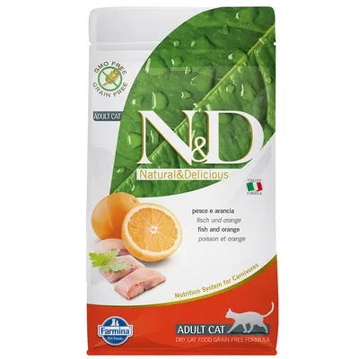 N&D Natural & Delicious Adult Cat Trockenfutter, Geschmack Fisch und Orange, Farmina Pet Foods, getreidefrei, GMO free, Italian Formula.