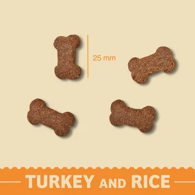 Bone-shaped turkey and rice treats shown with a size reference of 25 mm.