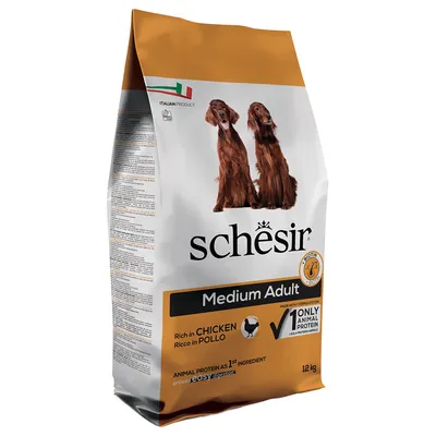 Schesir Medium Adult hrană pentru câini, bogată în pui, 12 kg. Proteine animale ca prim ingredient, produs italian, biotină pentru îngrijirea blănii.
