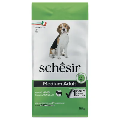 Schesir Medium Adult Hundefutter, reich an Lamm, 12 kg. Tierisches Protein als Hauptzutat, leicht verdaulich, mit Biotin. Italienisches Produkt.