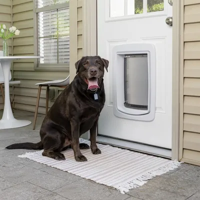 Pies siedzi przed białymi drzwiami z wbudowaną klapką dla psa. Klapka z tworzywa sztucznego z przezroczystą wkładką.