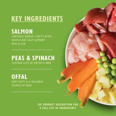 Key ingredients: salmon with omega-3 fatty acids for skin and fur, peas and spinach for dietary fibre, offal as a source of iron. See product description for full ingredient list.