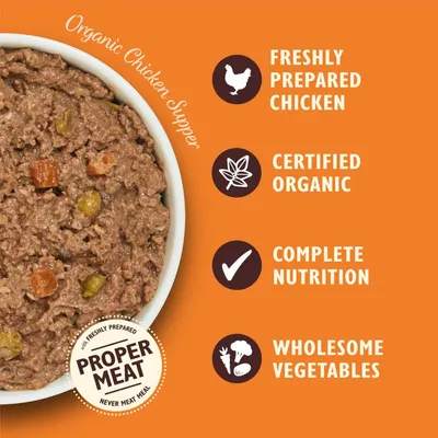 Organic Chicken Supper with freshly prepared chicken, certified organic, complete nutrition, wholesome vegetables, and proper meat as shown in the image.