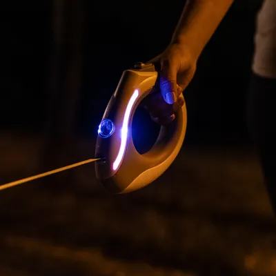 Guinzaglio luminoso per cani con luce LED, manico ergonomico e fettuccia estensibile, adatto per passeggiate al buio.
