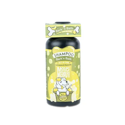 Max & Molly Bark'n Bath Shampoo, All-in-One mit Lemongrass und Kamille, natürliche Basis. Illustration eines Hundes in einer Badewanne auf der Verpackung.
