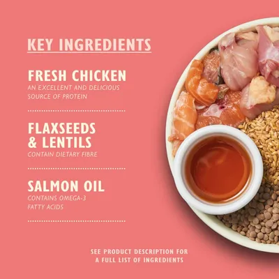 Key ingredients: fresh chicken as a protein source, flaxseeds and lentils for dietary fibre, salmon oil with omega-3 fatty acids. See product description for full ingredient list.