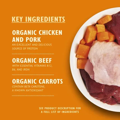 Key ingredients: organic chicken and pork, organic beef with essential vitamins B12, B6, and iron, organic carrots containing beta carotene. See product description for full list.