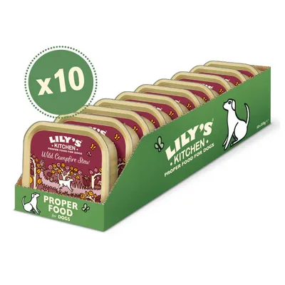 Pack of 10 Lily's Kitchen Wild Campfire Stew trays, displayed in a green box labelled 'Proper Food for Dogs'.