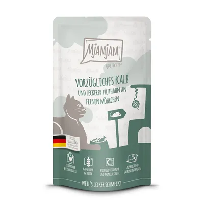 Mjamjam Quetschie. Vitello e tacchino con carote. Alta qualità tedesca, elevato contenuto di carne, senza cereali, vitamine essenziali, contiene taurina.