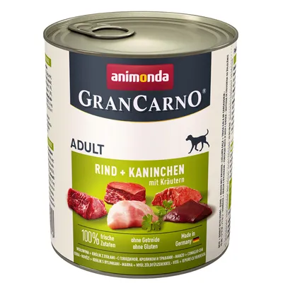 Animonda GranCarno Adult vită + iepure cu ierburi. 100% ingrediente proaspete, fără cereale, fără gluten, Made in Germany.