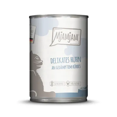 MjAMjAM Delikates Huhn an gedämpftem Kürbis, getreidefrei, viel Fleisch. Abbildung einer Katze und deutscher Qualitätshinweis.
