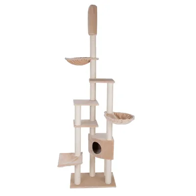 Kratzbaum mit mehreren Ebenen, zwei Liegeflächen, einer Höhle und einem gepolsterten oberen Bereich. Beige Farbe, vertikale Sisalstämme für Krallenpflege.