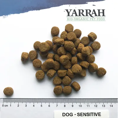 Granule Yarrah Bio-Organic Pet Food pentru câini, etichetă vizibilă DOG - SENSITIVE, granule rotunde lângă riglă cu scară în centimetri 0–14 cm.
