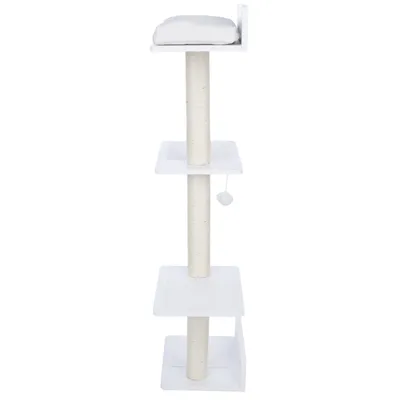 Arbre à chat blanc avec trois plateformes carrées, un poteau central en sisal, un coussin sur la plateforme supérieure et une balle suspendue sous la deuxième plateforme.