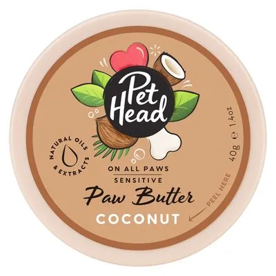 Pet Head Paw Butter Coconut, 40 g. Tekst: Natural oils & extracts, On all paws sensitive, Peel here.