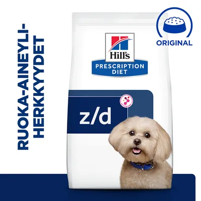 Hill's Prescription Diet z/d -koiranruokapakkaus, teksti: RUOKA-AINEYLIHERKKYYDET, Original-merkki ja koira edessä. Pakkaus sisältää näkyvän brändin ja tuotenimen.