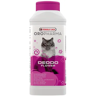 Oropharma Deodo Flower cat litter deodoriser with floral perfume, shown in a bottle with product name and description in multiple languages.