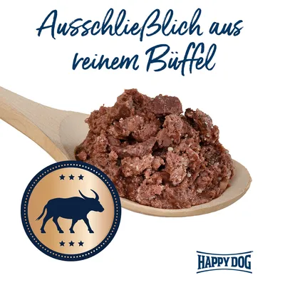 Happy Dog. Ausschliesslich aus reinem Büffel, Fleischstückchen auf Holzlöffel mit Büffel-Symbol und Sternen.