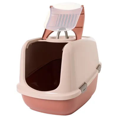 Gesloten kattenbak met klapdeksel en geïntegreerde handgreep, beige-roze design.