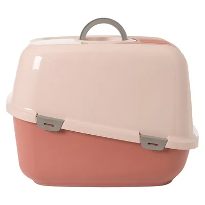 Transportbox van kunststof in roze en beige met draaggreep en sluitclips.