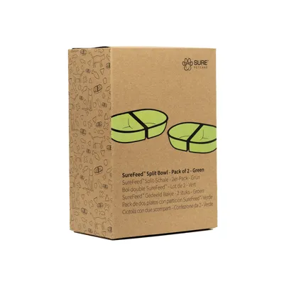 SureFeed Split-Schale, 2er-Pack, grün. Verpackung zeigt zwei geteilte grüne Schalen mit Produktnamen in mehreren Sprachen.