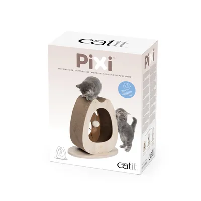 Catit Pixi široká škrábací skulptura. Balení zobrazuje dvě kočky používající produkt. Obsahuje text: Wide Scratcher, Griffoir Large, Breite Kratzskulptur, Rascador Ancho.